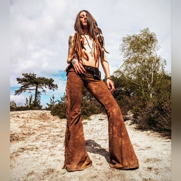 LONG LENGTH Hip Hugger Fringe Bell Bottoms in GOLDEN BROWN TIE DYE - XS S M L XL - Picture 3 of 14